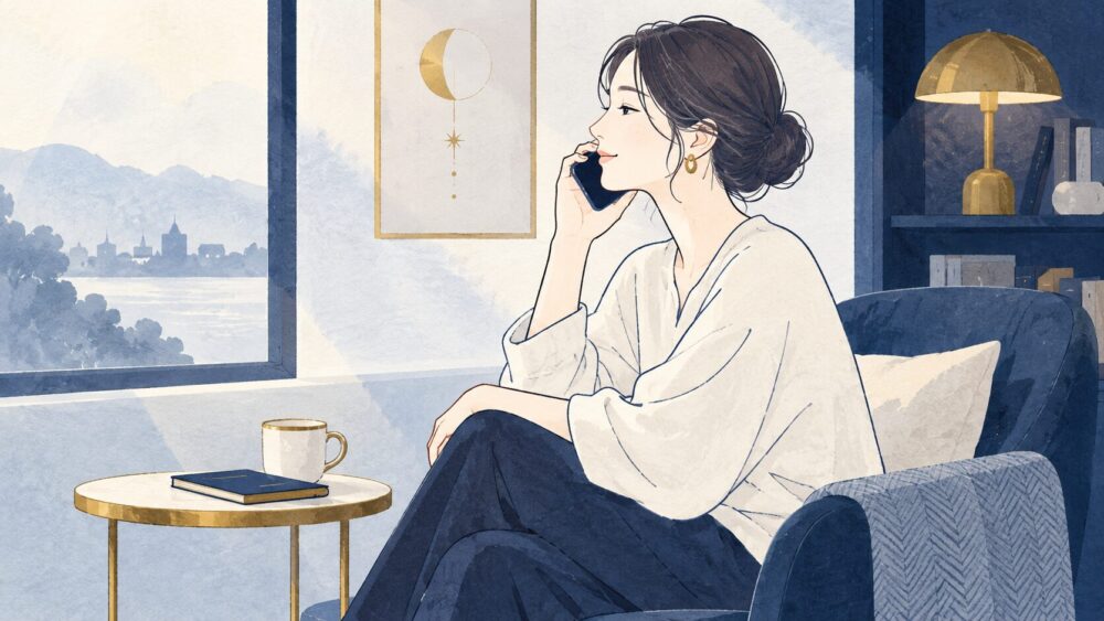自宅の椅子でスマートフォンを耳に当て、相談する女性。