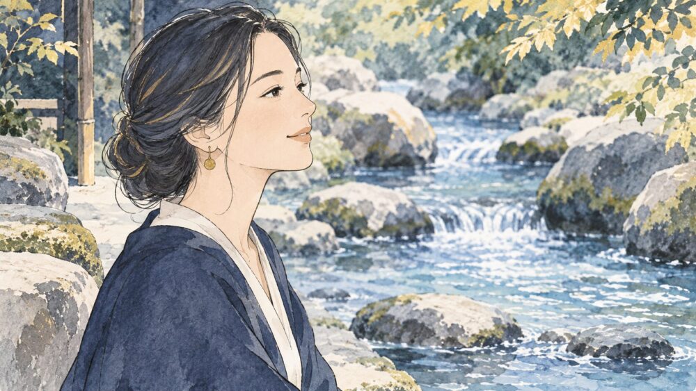 川辺の岩場で朝の水面を見つめる女性の横顔。