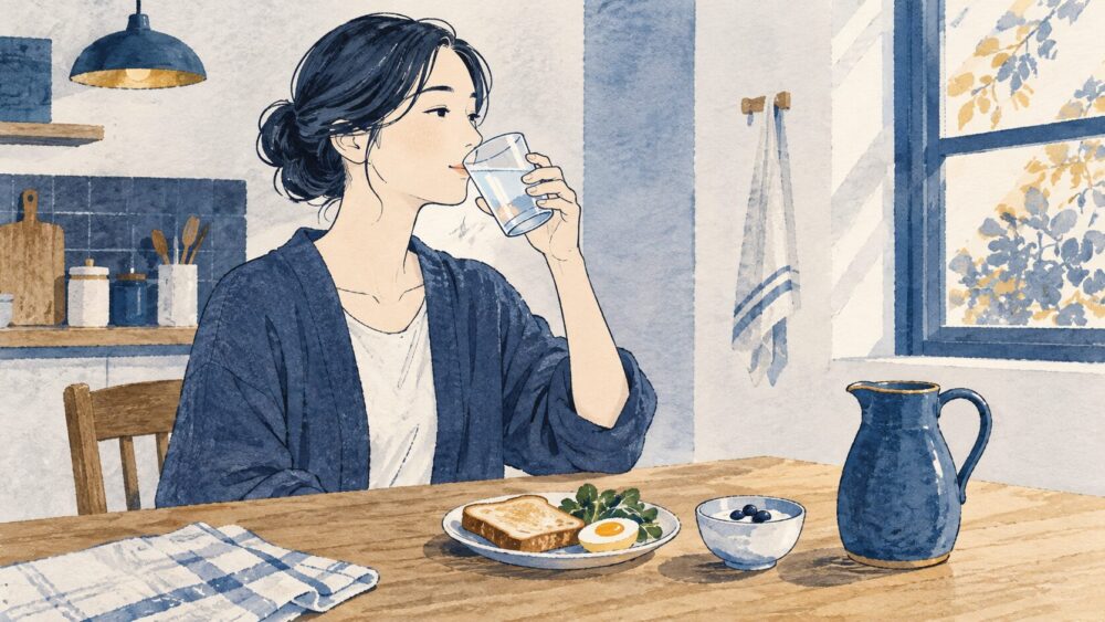 朝食の席で水を飲み、健やかな生活習慣を整える女性。