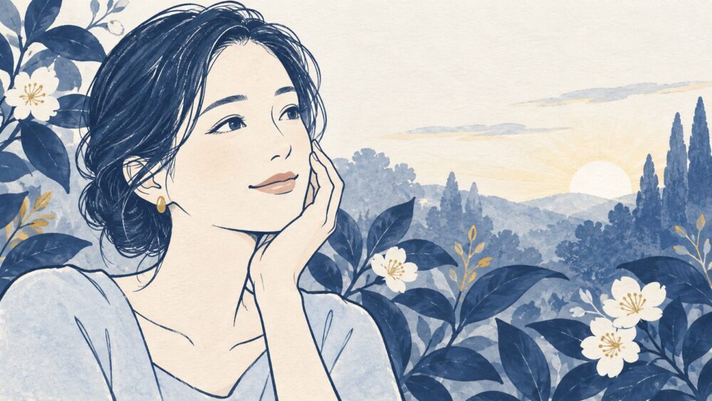 庭の朝の光の中で頬に触れ、自分らしい美しさを見つめる女性。