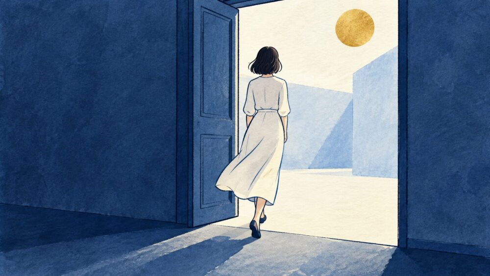 暗い室内から明るい場所へ、開いた扉を通って歩き出す女性。