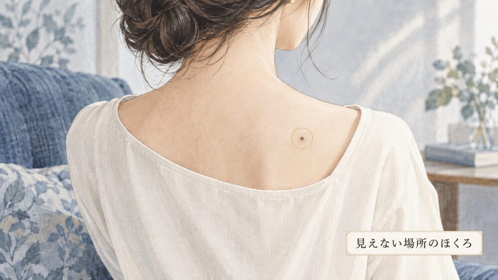 背中の小さなほくろを金色の輪で示した、服を着た女性の後ろ姿。
