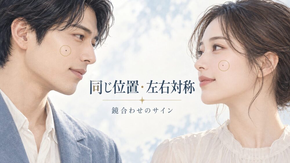 頬のほくろが同じ位置・左右対称にある男女と、鏡合わせのサイン。