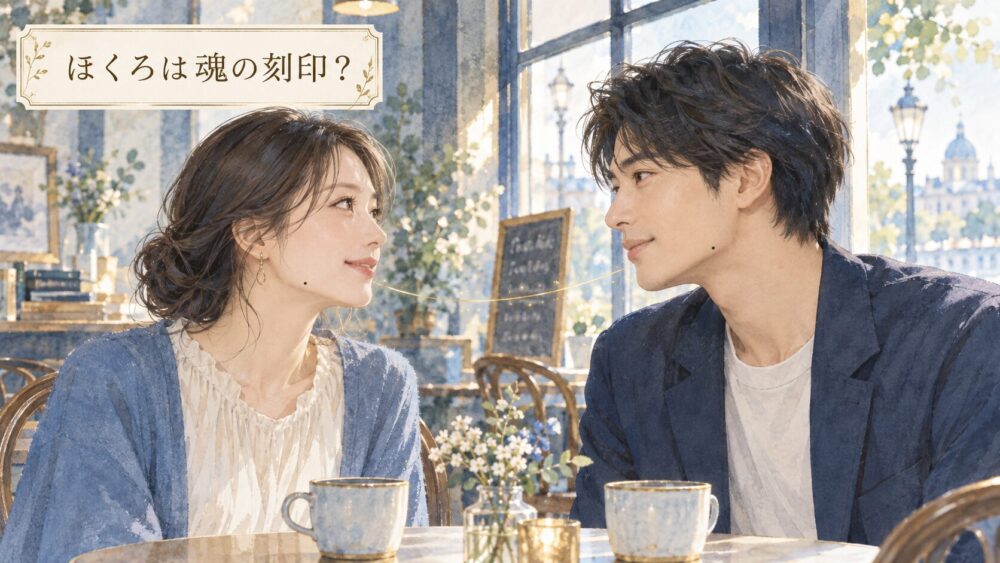 カフェで向き合う男女と、ほくろに見出すスピリチュアルな意味。