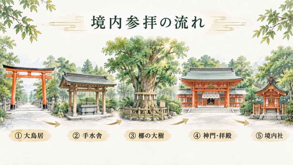 大鳥居、手水舎、梛の大樹、神門・拝殿、境内社へ進む参拝の基本順序を横長の図で示した案内。