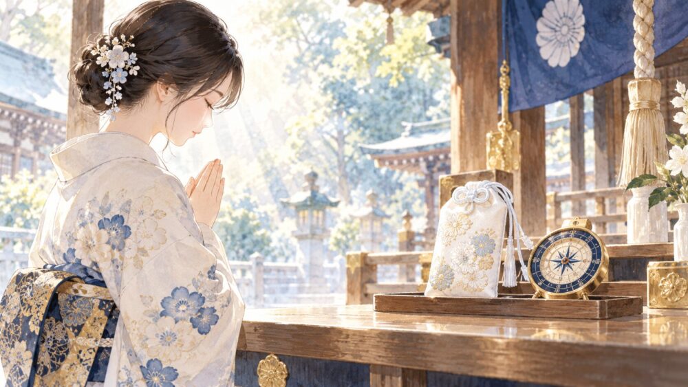 神社で手を合わせる女性と方位盤、お守り。
