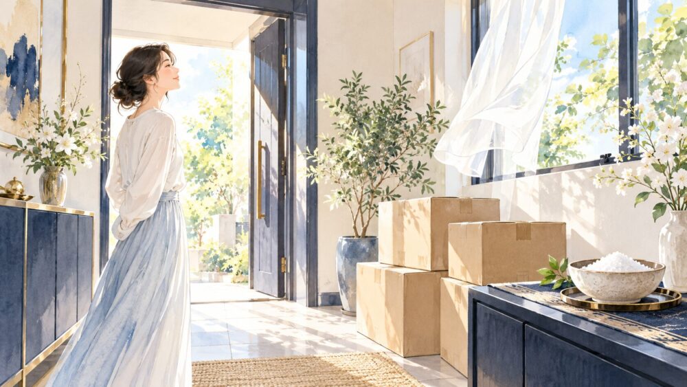 明るい玄関に荷箱を置き、窓から朝日が差す場面。