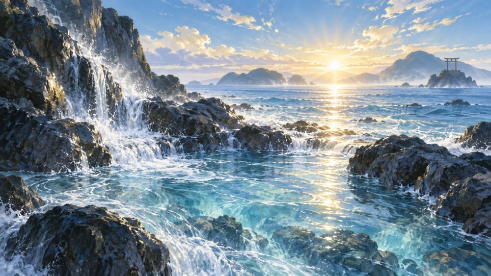 伊邪那岐の禊を思わせる清らかな海辺に朝日が差し込む風景