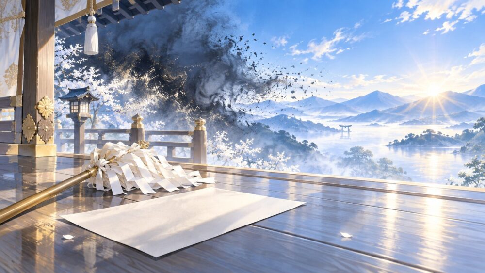 神社の紙垂や祓具のそばで、暗い霧が朝の光にほどけていく様子