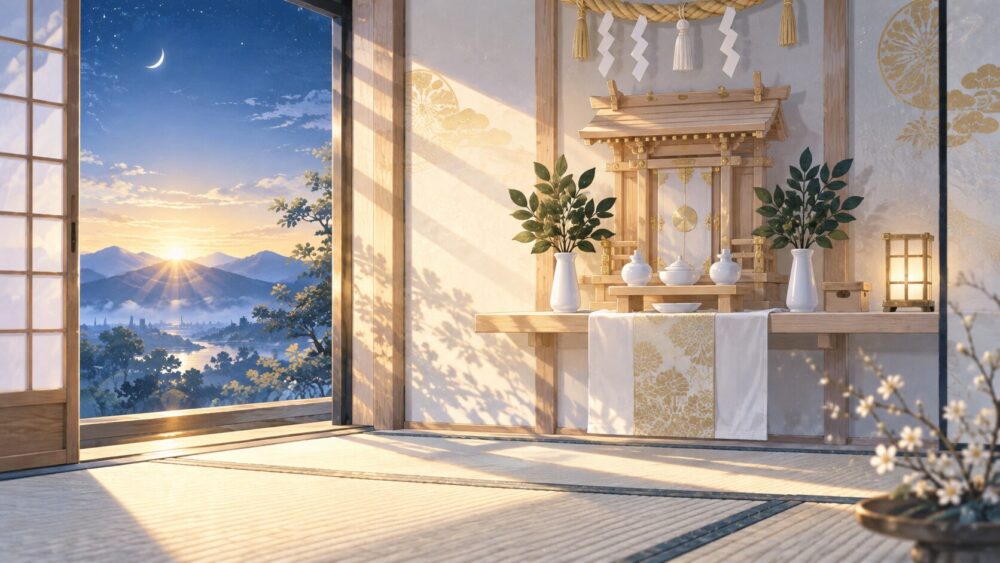 朝日が差す整った神棚と、夜明けを迎える窓辺