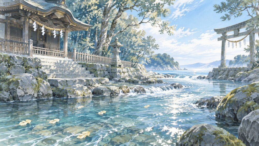 神社の石段と鳥居のそばを清流が流れ、木の葉が浮かぶ風景。