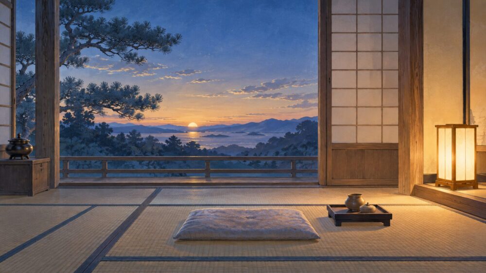 夕暮れの和室に障子越しの光が差す、静かな時間帯の風景。