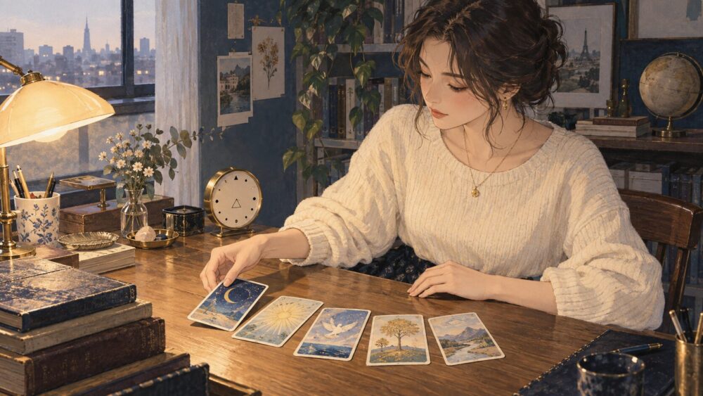 机でオラクルカードを並べる女性。