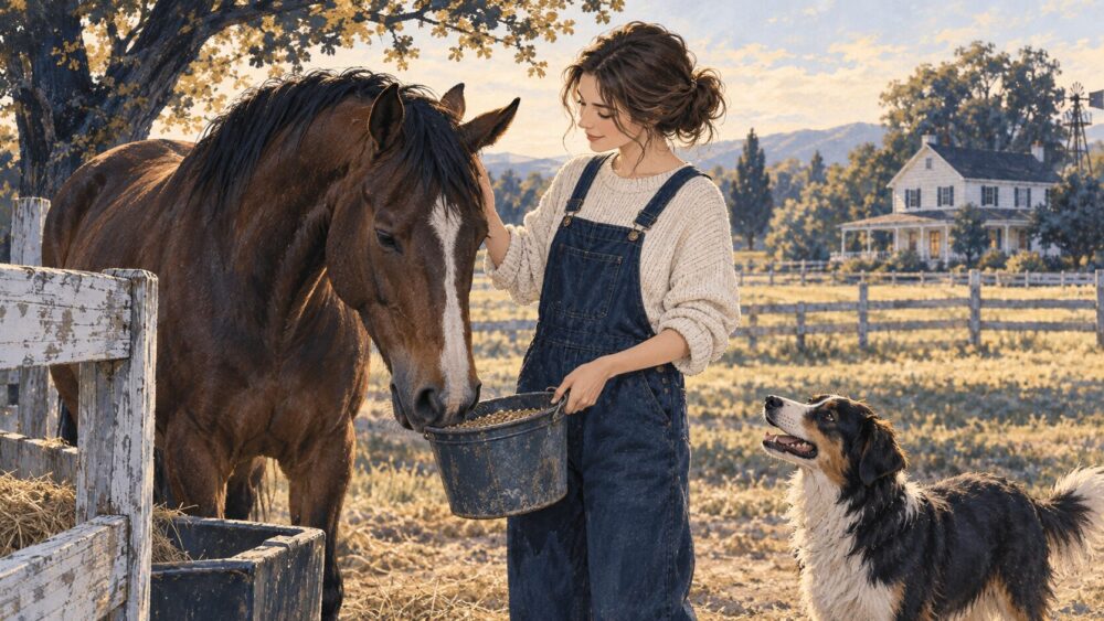 牧場で保護された馬に餌を与える女性と犬。