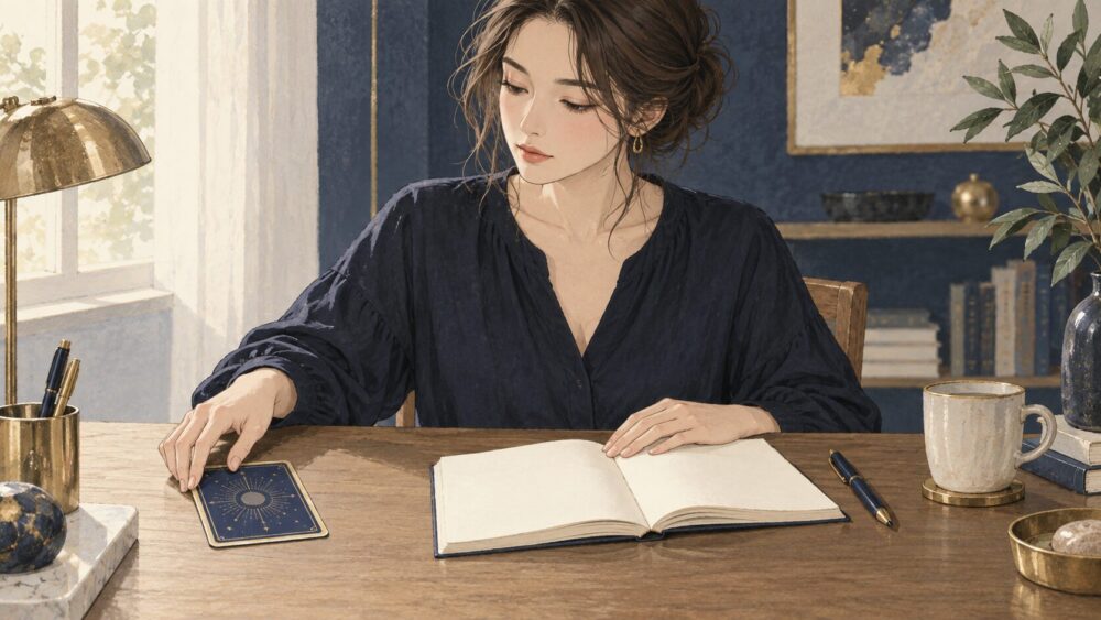 伏せたカードと白いノートを前に自分で考える女性。