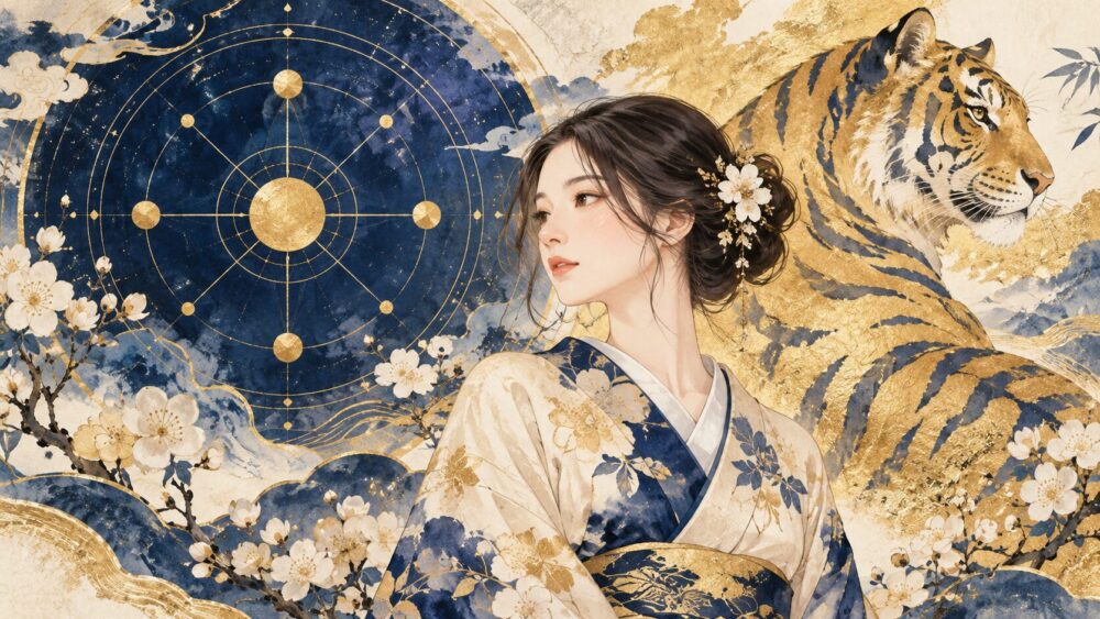 星の配置と女性、虎の意匠を描いた九星気学のイメージ。