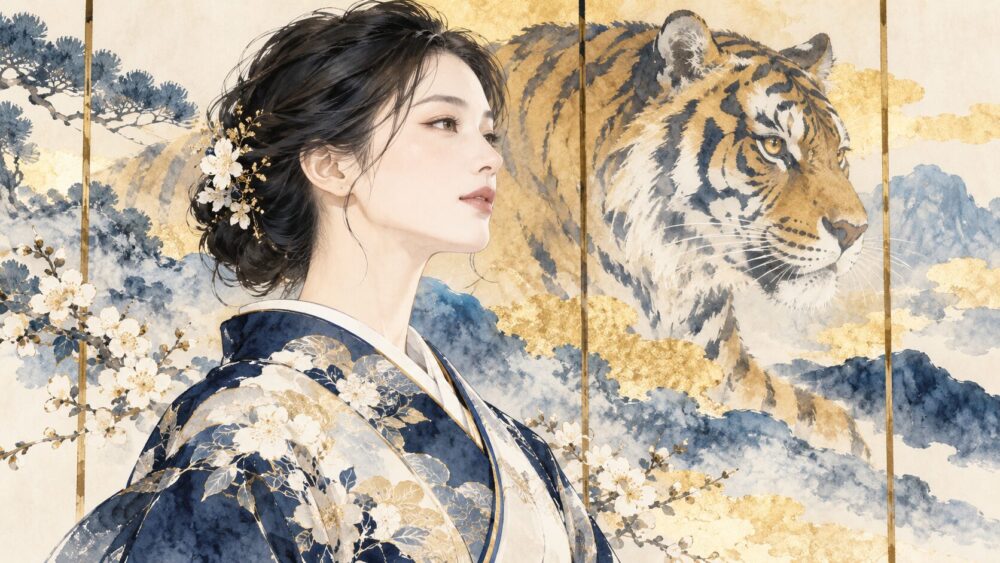 凛とした女性の後ろに虎が寄り添う水彩画。