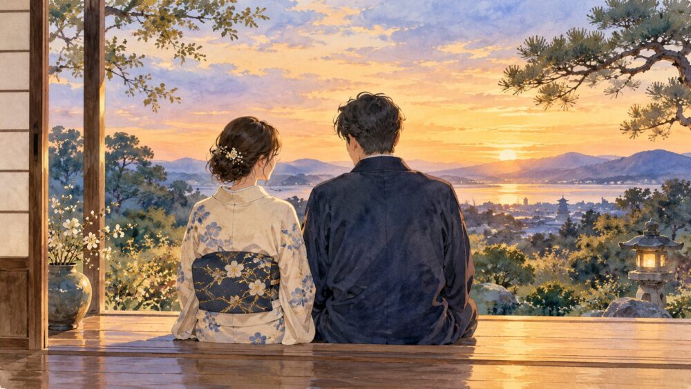 夕暮れの庭で隣り合って座る男女。