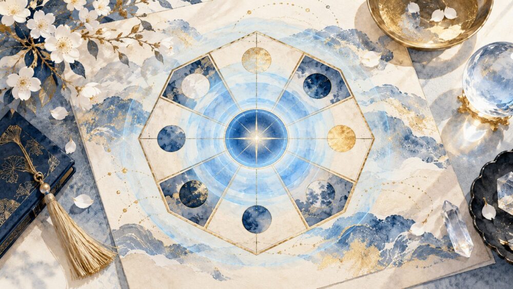 九星の方位盤と地図、旅支度を並べた静物。