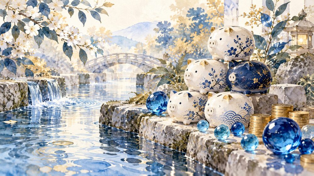 水辺に並ぶ青と白の貯金箱、硬貨と水晶玉。