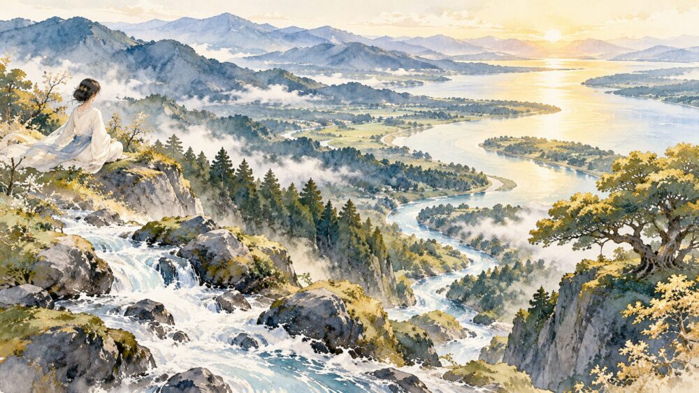 山あいの川が朝日に照らされ、ゆるやかに流れる景色。