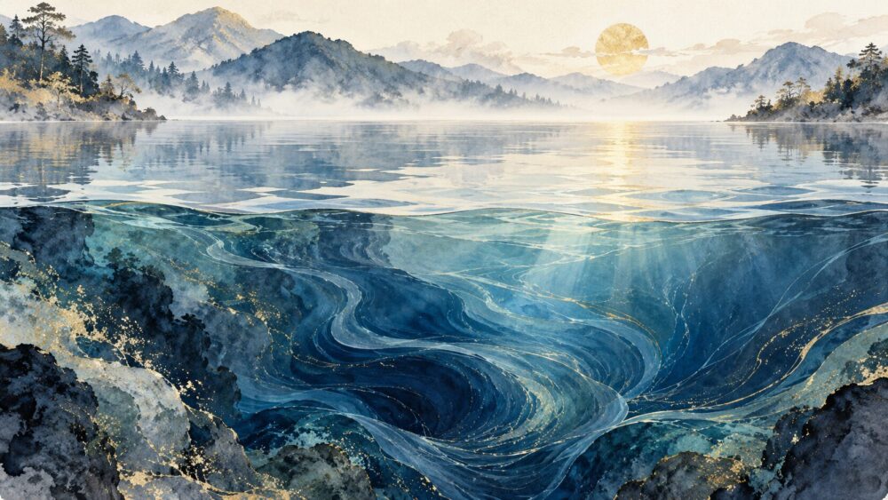 静かな湖面の下に青い水の渦が広がる景色。