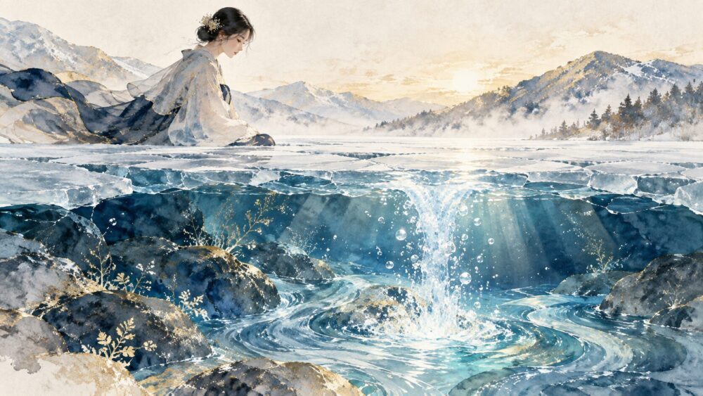水辺に青いガラス玉と貯蓄箱が流れに沿って並ぶ景色。