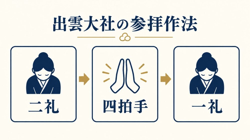 出雲大社の参拝作法を二礼・四拍手・一礼の順に示した横長図解。