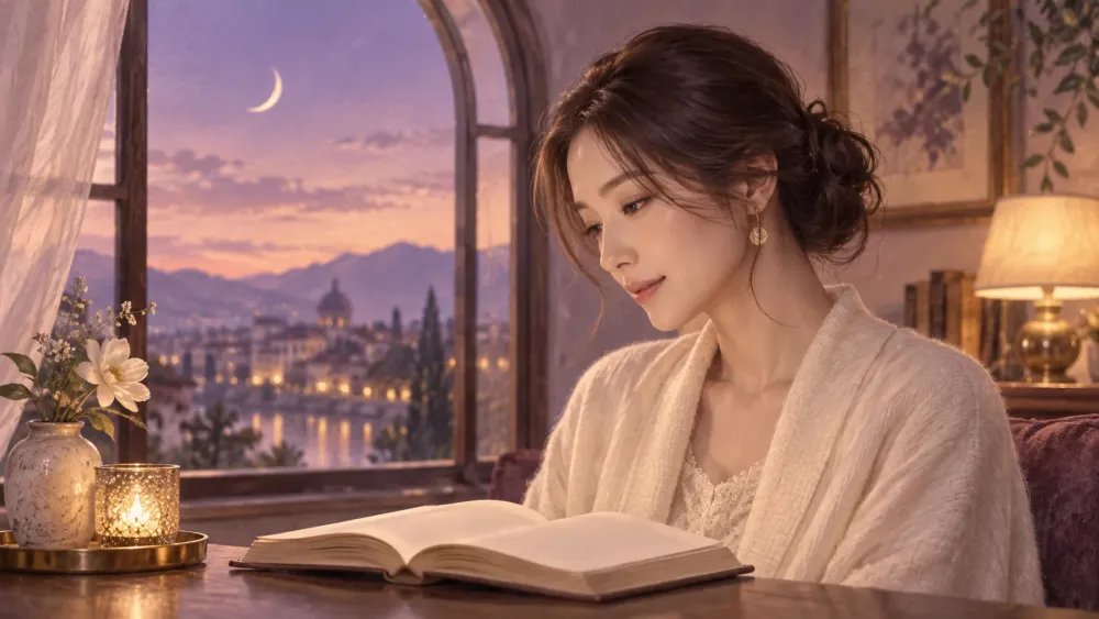 窓辺で本を読みながら静かに考える女性