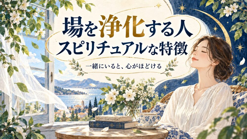 風の通る窓と白い花に囲まれ、穏やかに目を閉じる女性の場の浄化イメージ