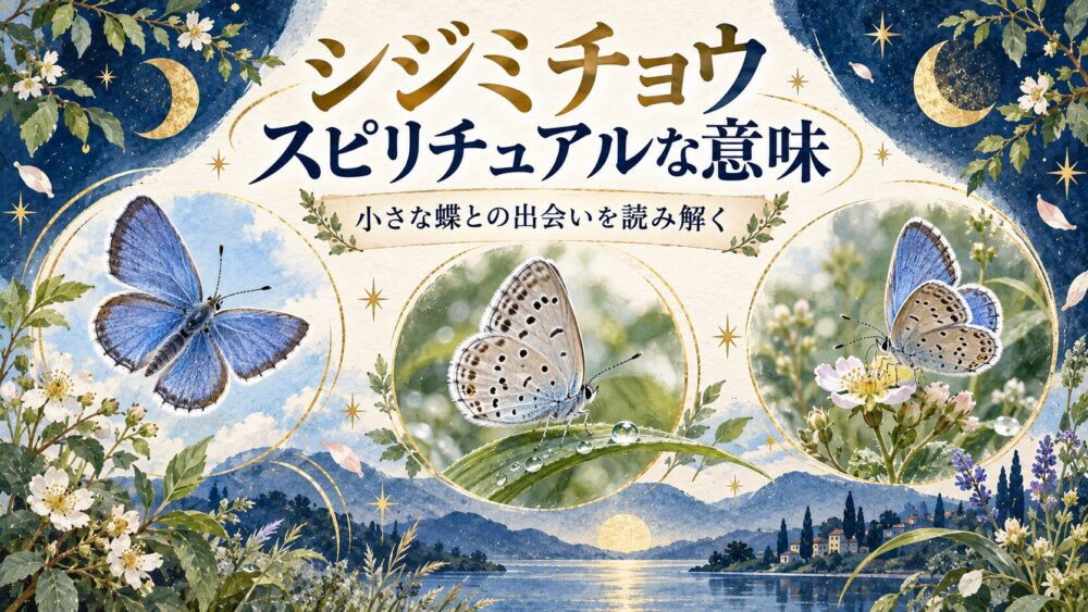 シジミチョウの青い表翅、黒斑のある裏翅、花と朝露を3つの円で見比べる図鑑風イラスト