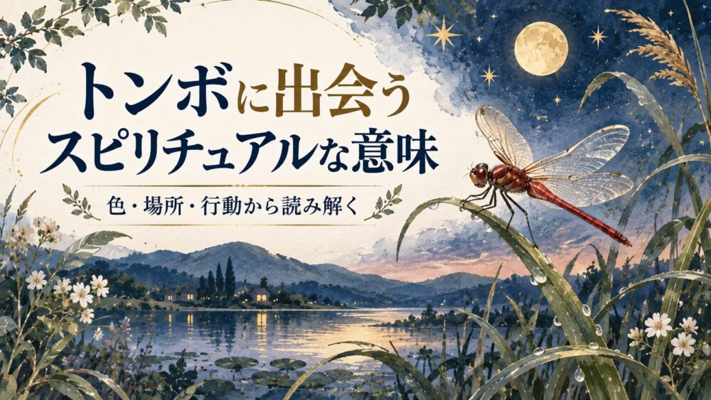 夕暮れの池の草にとまる赤いトンボと水滴、草花を描いたアイキャッチ