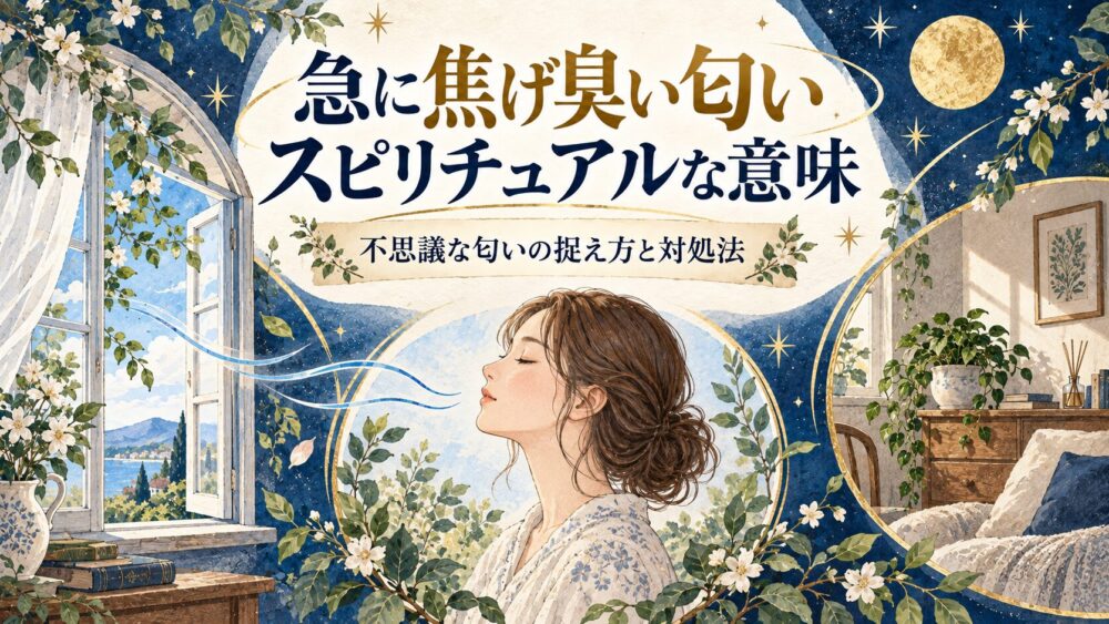 開いた窓・女性・植物の部屋を青い香りの線で見比べる図鑑風アイキャッチ