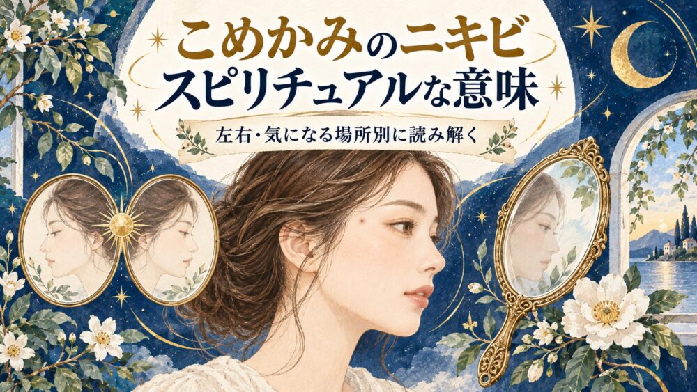 こめかみの小さなニキビと鏡を描いた女性の横顔コラージュ