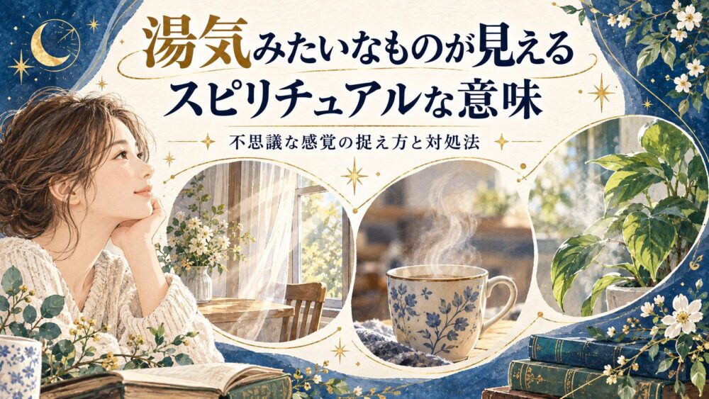 室内やカップ、植物のそばのモヤを見比べる図鑑風イラスト