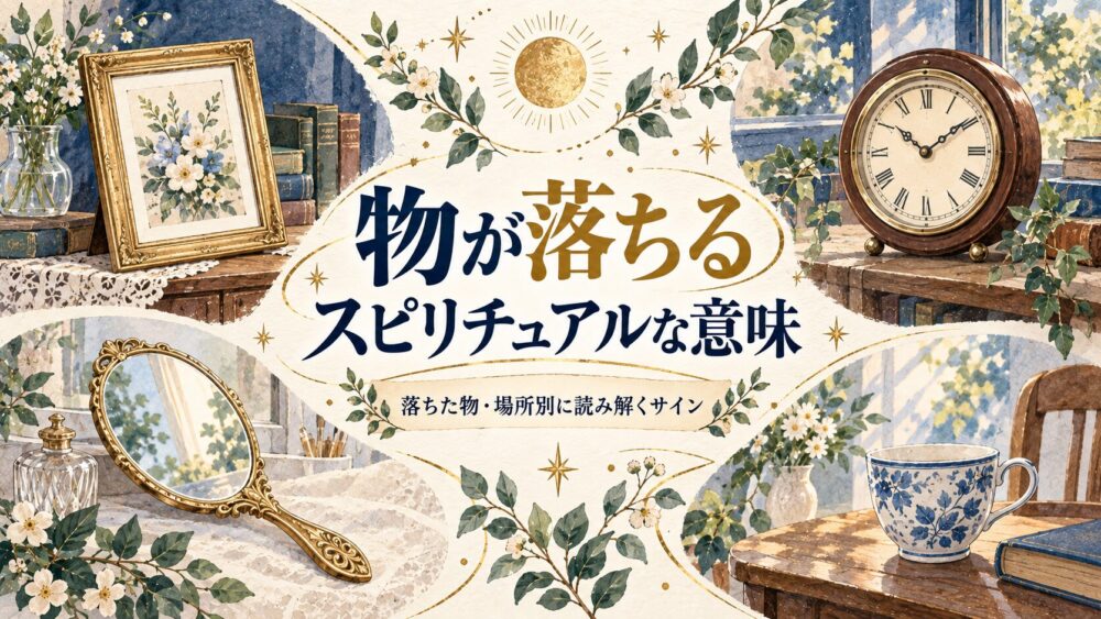 花の額縁、時計、手鏡、カップを4つの視点で見比べる図鑑風イラスト