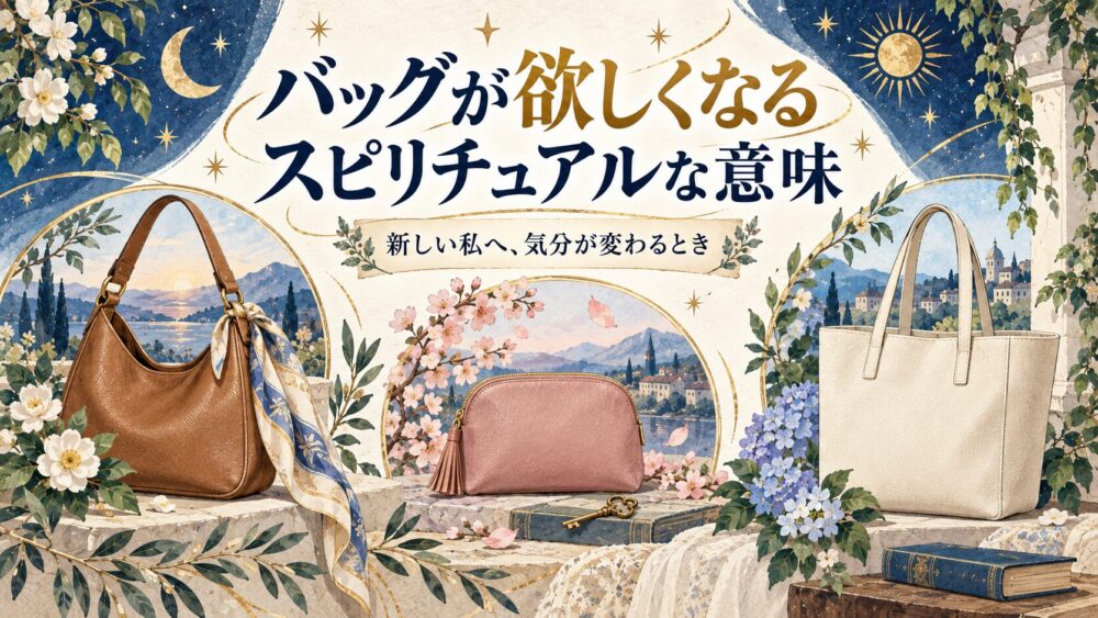 無銘のショルダーバッグ、ポーチ、トートを花やスカーフ、鍵と見比べる図鑑風イラスト