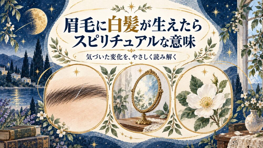 図鑑風の三つの枠に一本の眉毛の白髪、鏡、白い花を描いたアイキャッチ