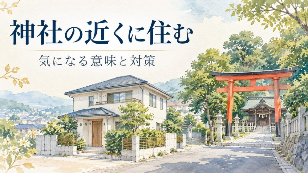 神社の鳥居と近くの住宅を描いた青系の水彩イラスト