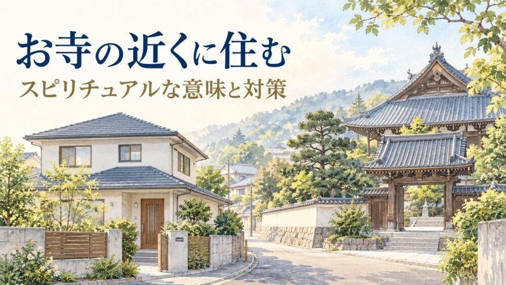 寺院の近くにある住宅を描いた青系の水彩イラスト