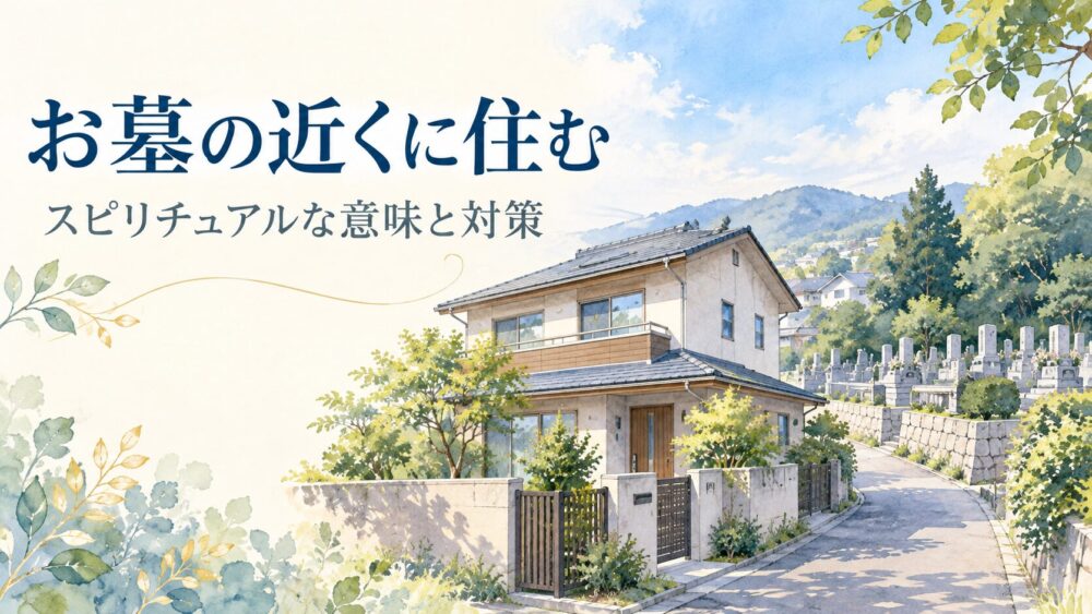 お墓の近くにある住宅と静かな道を描いた青系の水彩イラスト