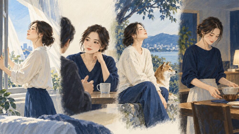 換気、穏やかな対話、自然との呼吸、丁寧な日常を描く女性の一日