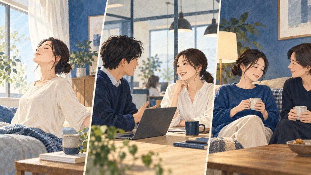 空間で深呼吸する人、会話の緊張がほどける二人、肩の力が抜ける二人の三場面