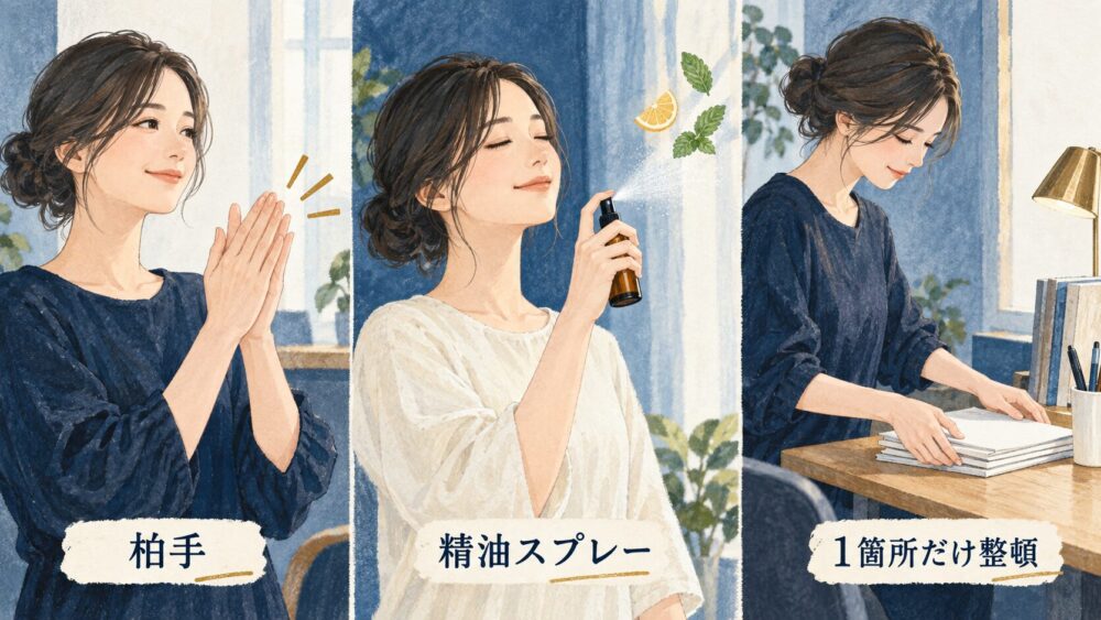 柏手、精油スプレー、1箇所だけ整頓を3場面で示す図