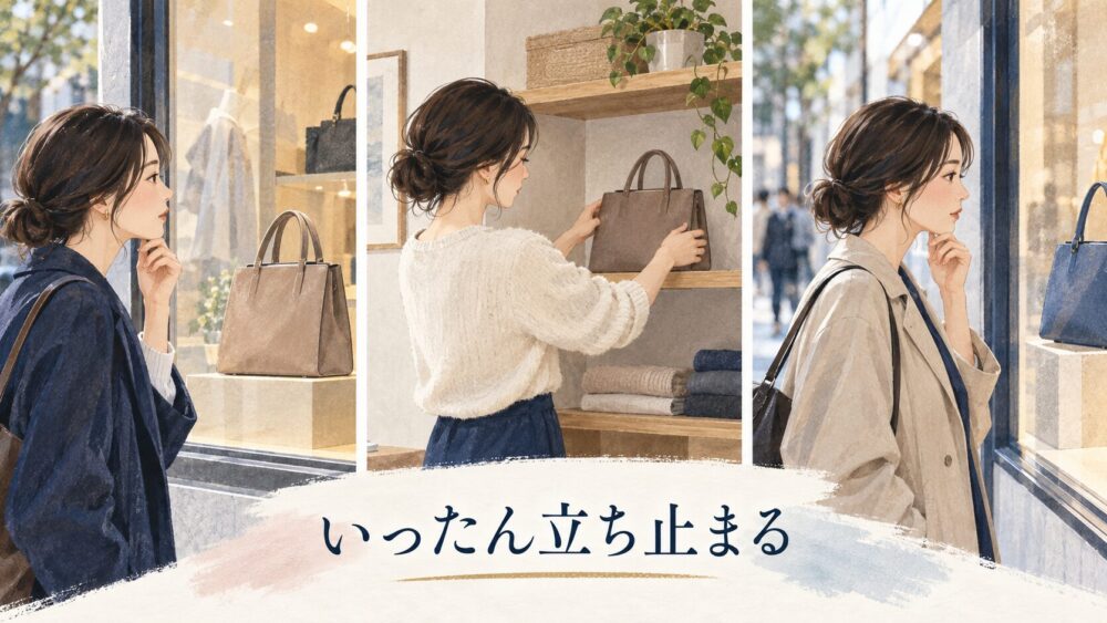 バッグ購入の反復を三場面で見比べる女性