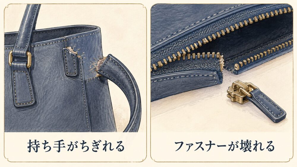 持ち手の断裂とファスナー故障を見比べる図