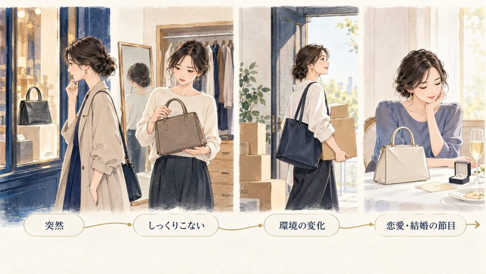 生活の場面を横切ってバッグが欲しくなる状況を読む図