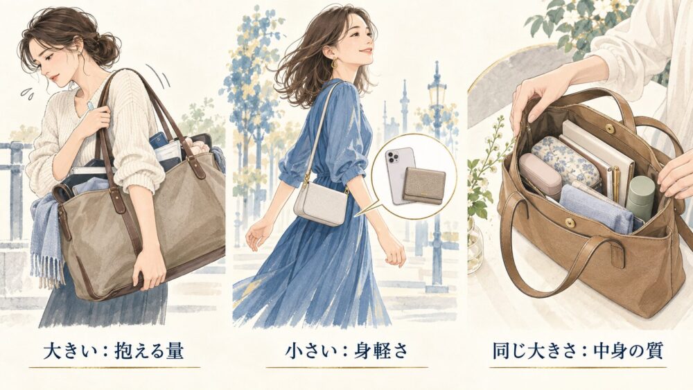 大きさ別のバッグを重さ・身軽さ・中身で比べる図