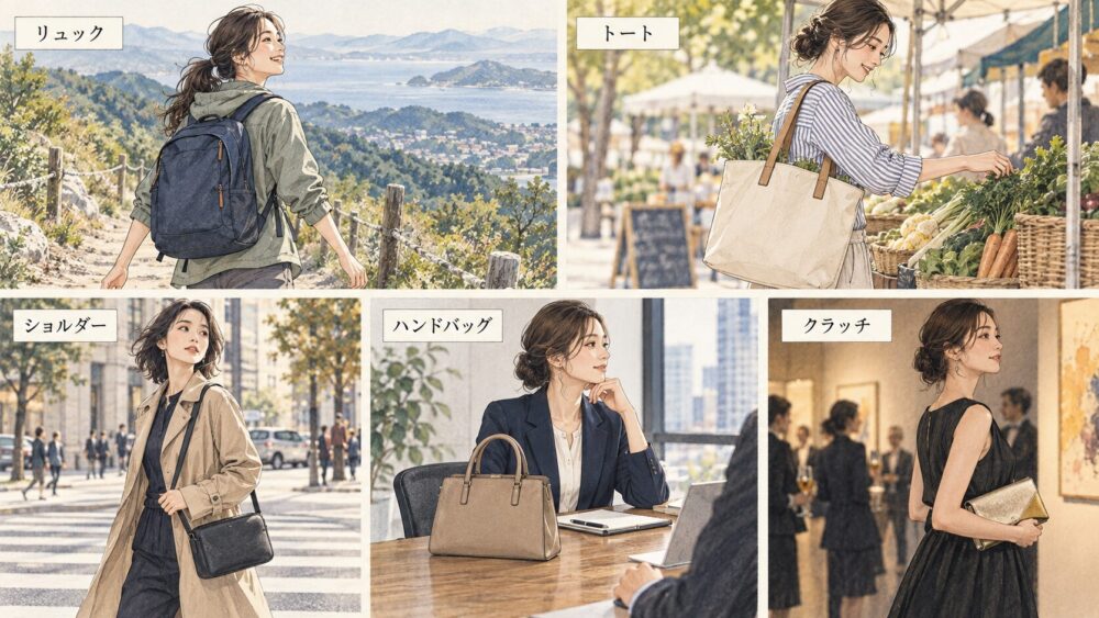 リュック・トート・ショルダーなど5つの形を用途で比べる図