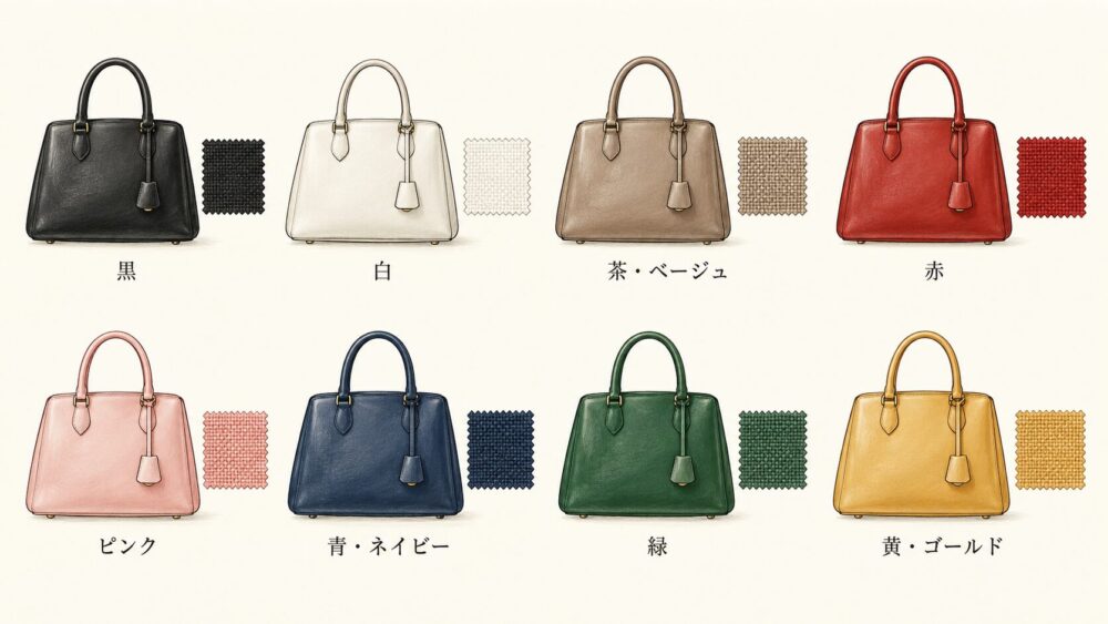 同じ形のバッグと布見本で8色を見比べる図